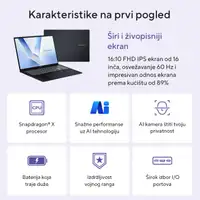 ASUS Vivobook 16 X1607QA-MB006W, 16 inca WUXGA, Snapdragon X X1 26 100 Processor, 16GB, SSD 512GB, Win11 Home
