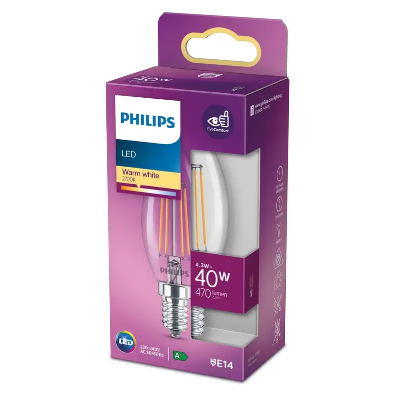 PHILIPS PS805   classic  4,3W(40W) B35 E14 2700K WW CL ND RFSRT4