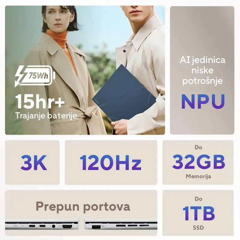 ASUS Zenbook 14 OLED UX3405CA-QL675, 14" WUXGA, Intel Core Ultra 7 255H, 32GB, 1TB SSD (90NB14W4-M01030)