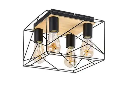 RABALUX Boire, plafonska lampa, crna metalna / drvena lampa sa crnim metalnim abažurom, E27 4x40W, IP20