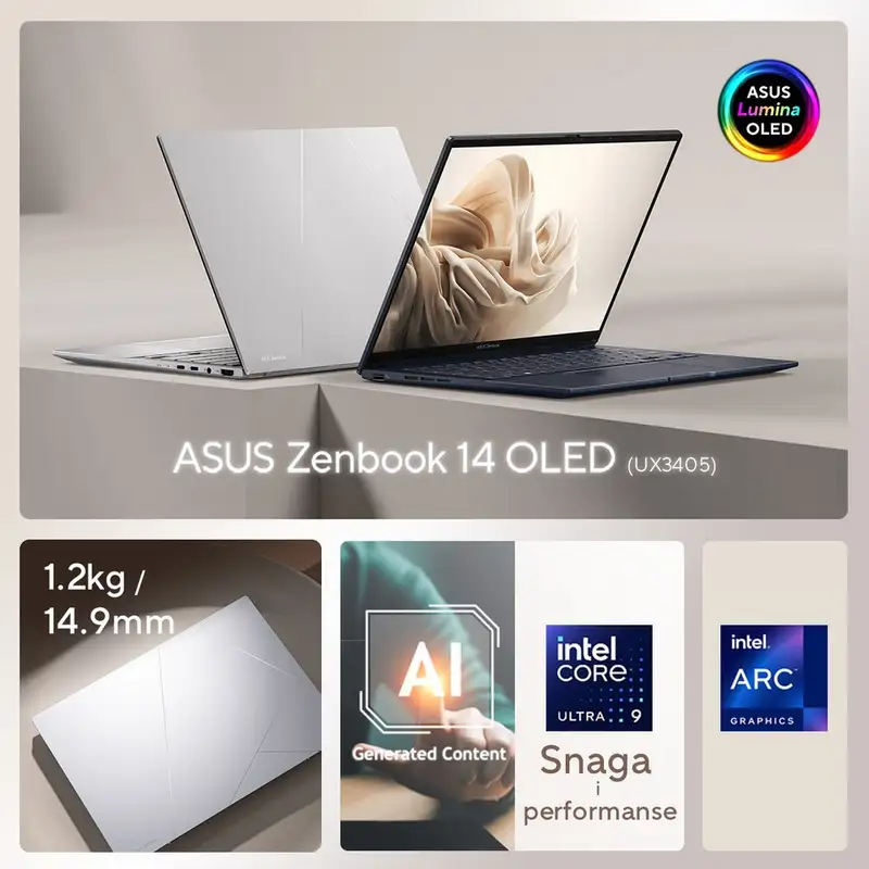ASUS Zenbook UX3405CA-PZ067X, 14" 3K OLED Touch, Intel Core Ultra 9-285H, 32GB, 1TB SSD, Win11 Pro, siva