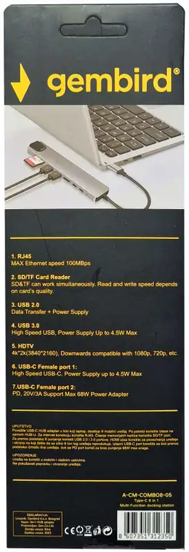 GEMBIRD A-CM-COMBO8-05 USB HUB Type-C 8-in-1 multi-port adapter USB-C+USB-A+HDMI+PD+card+RJ45