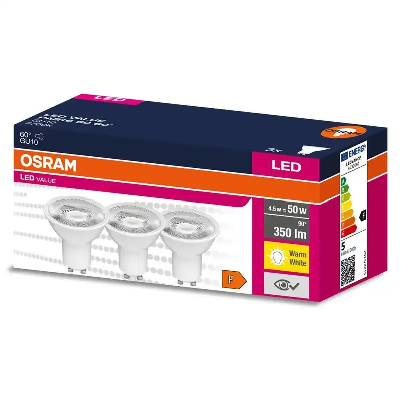OSRAM  led  4,5W 2700k GU10 3kom plasticna