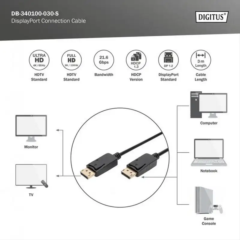 DIGITUS Kabl Display port na Display port 1.2 4K 3m crni