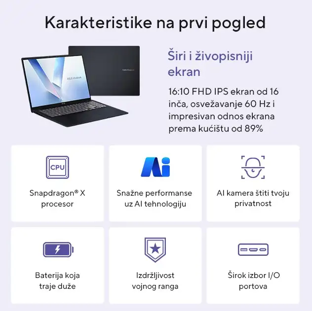 ASUS Vivobook 16 X1607QA-MB006W, 16 inca WUXGA, Snapdragon X X1 26 100 Processor, 16GB, SSD 512GB, Win11 Home