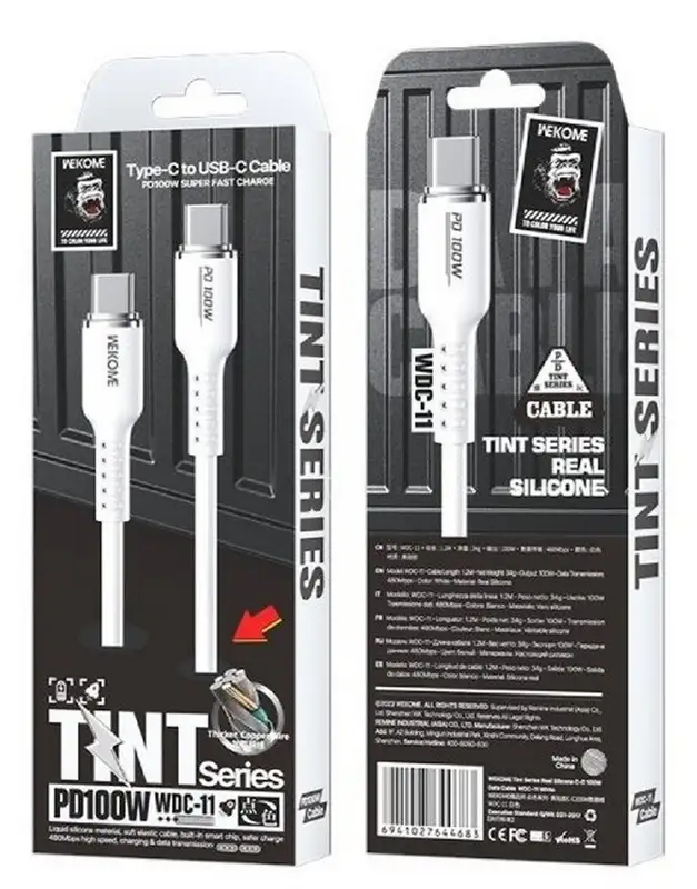 WEKOME Kabl 3.1 USB tip C M/M 1.2m, za Superbrzo punjenje 100W/480Mbps, Silicon Soft, beli WDC-11