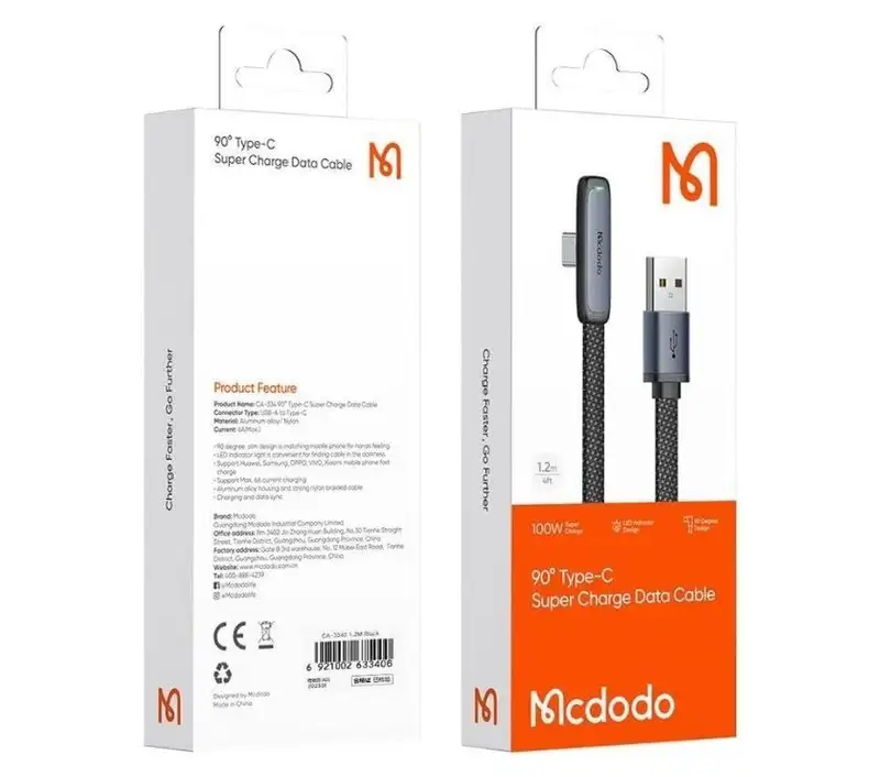 MCDODO CA-3340 kabl USB NA TIP-C UGAO 90, 6A 100W, 1.2m