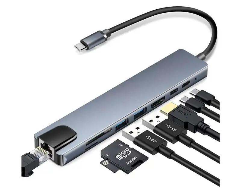 LINKOM Adapter-konvertor TIP C na HDMI+2xUSB3.0+TF/SD+2xTIP C+RJ45