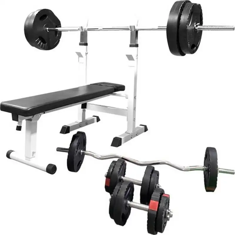 GORILLA SPORTS Podesiva benc klupa sa stalkom i setom tegova 100 kg bela